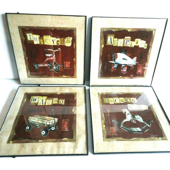 Set (4) Framed Art Boys Room Airplane Rocking Horse Red Wagon Tricycle Nursery - Picture 3 of 7